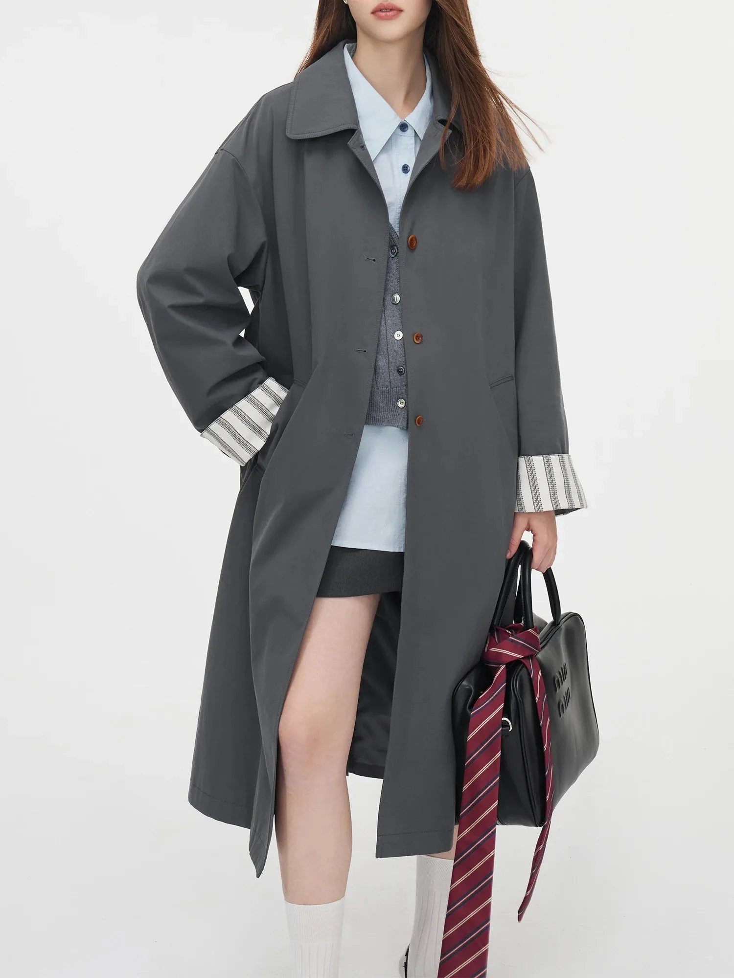 Single Breasted Korean Design Sense Contrasting Color Medium Long Stylish Coat