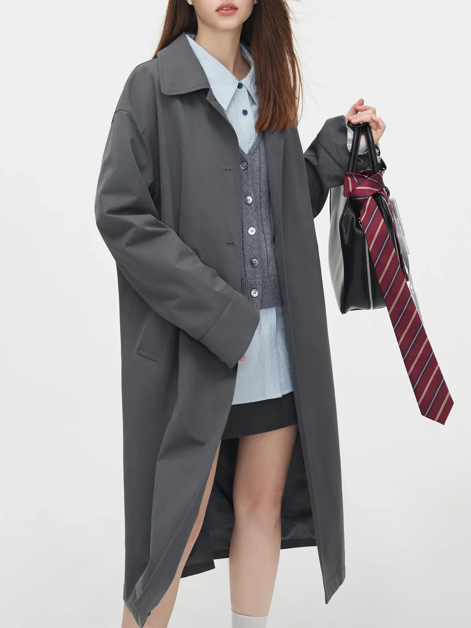 Single Breasted Korean Design Sense Contrasting Color Medium Long Stylish Coat