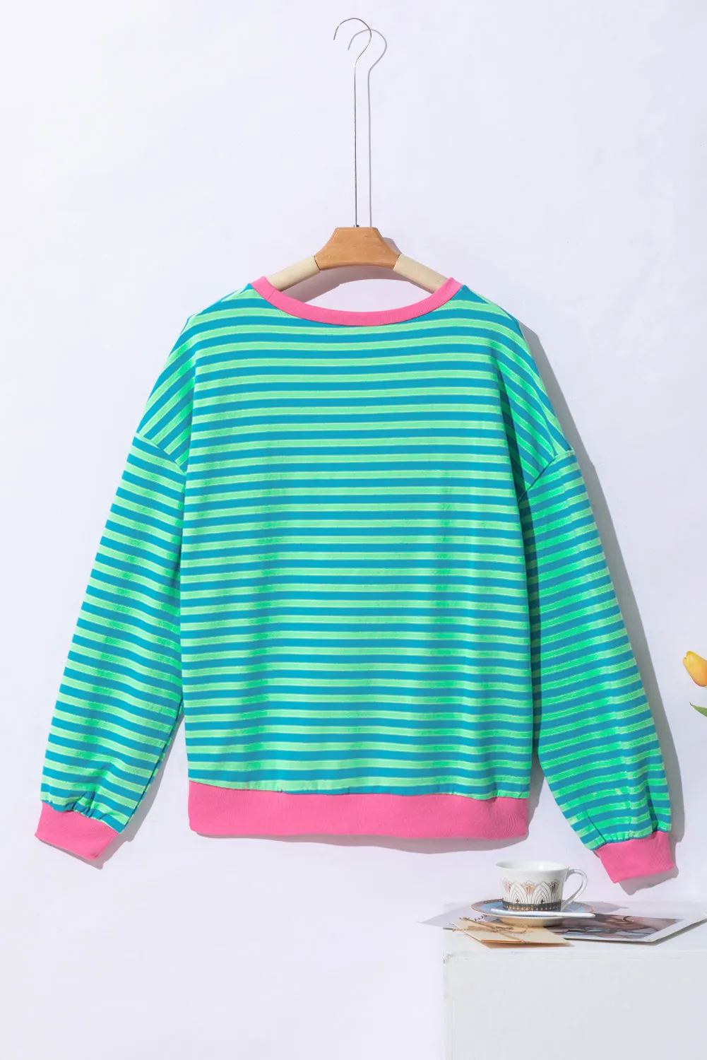 Sky Blue Stripe Oversized Contrast Trim Pullover Sweatshirt