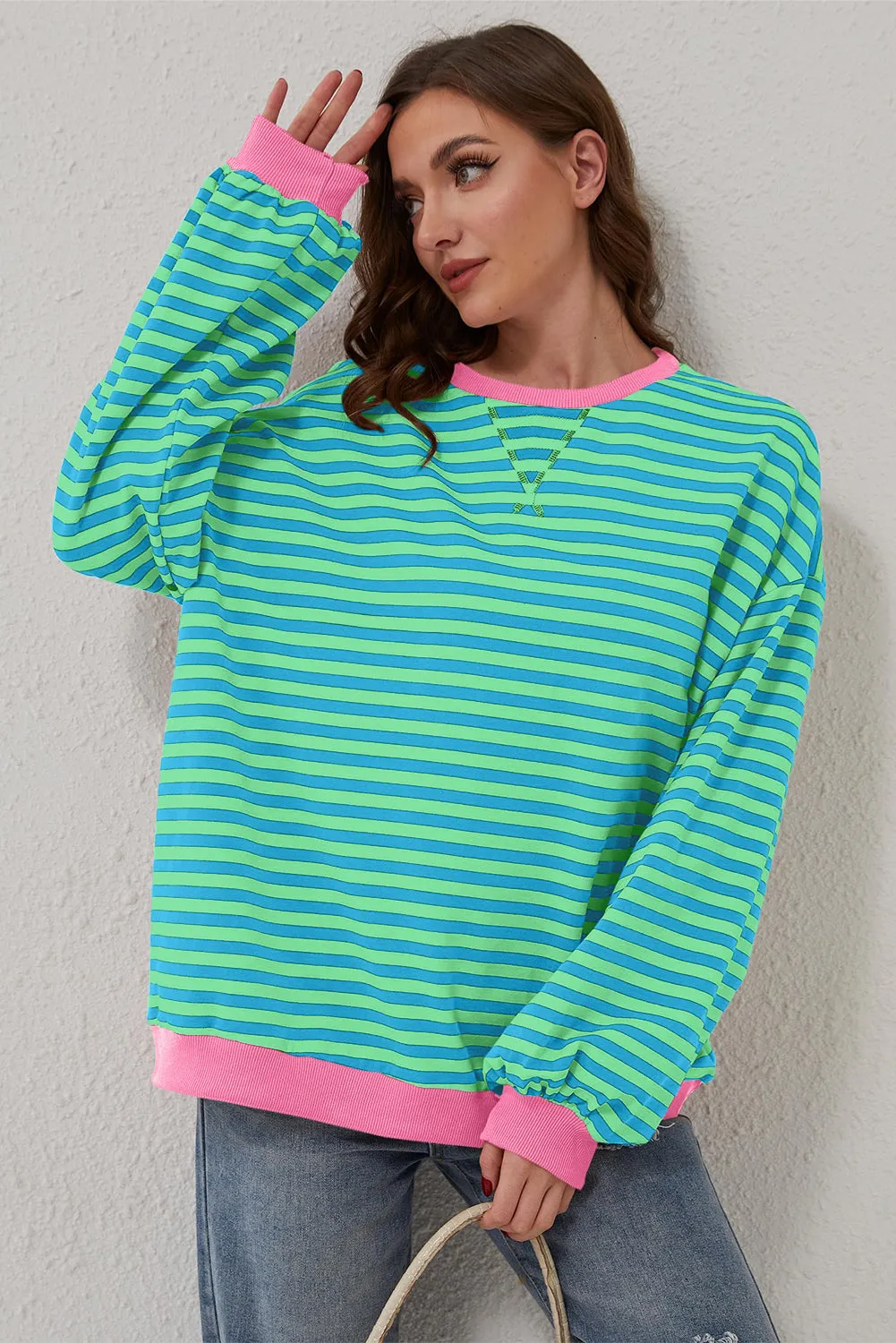 Sky Blue Stripe Oversized Contrast Trim Pullover Sweatshirt