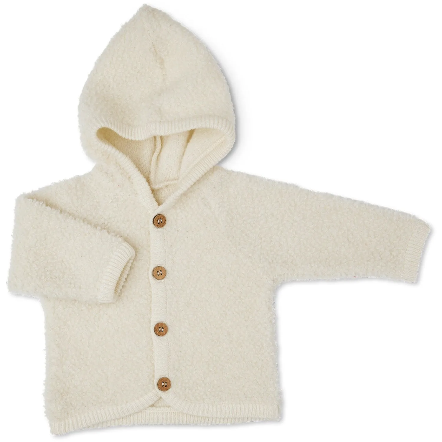 Smallstuff Off White Cardigan Bouclé Merino Wool W. Buttons And Hoodie