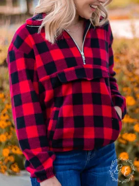 Southern Grace Checker Me Out Pullover With Pockets, Red Plaid