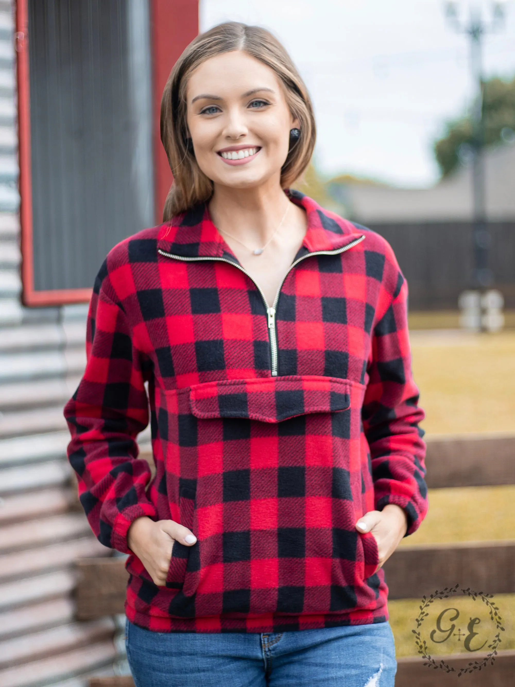 Southern Grace Checker Me Out Pullover With Pockets, Red Plaid