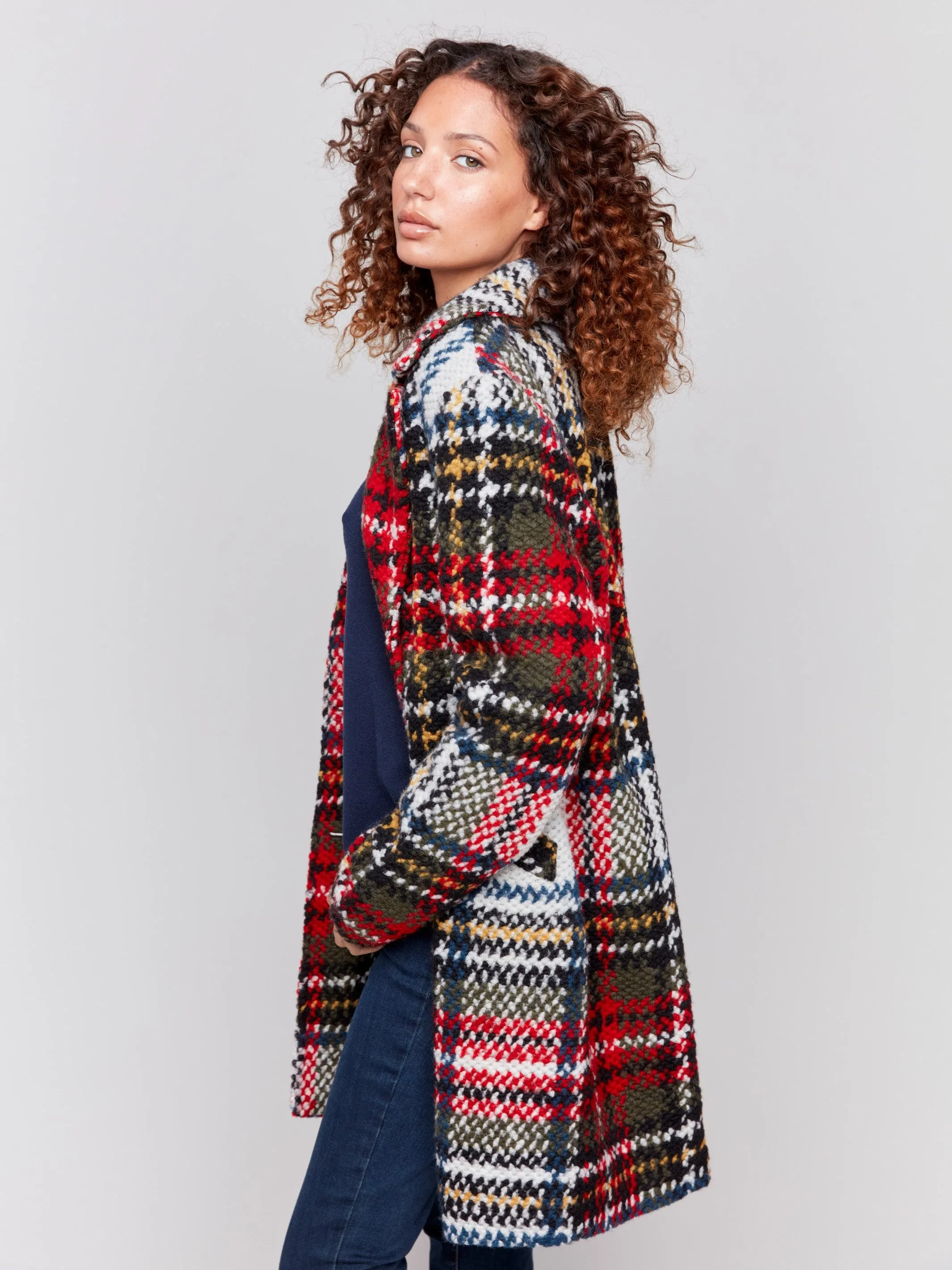 Straight Cut Plaid Bouclé Knit Coat - Cranberry