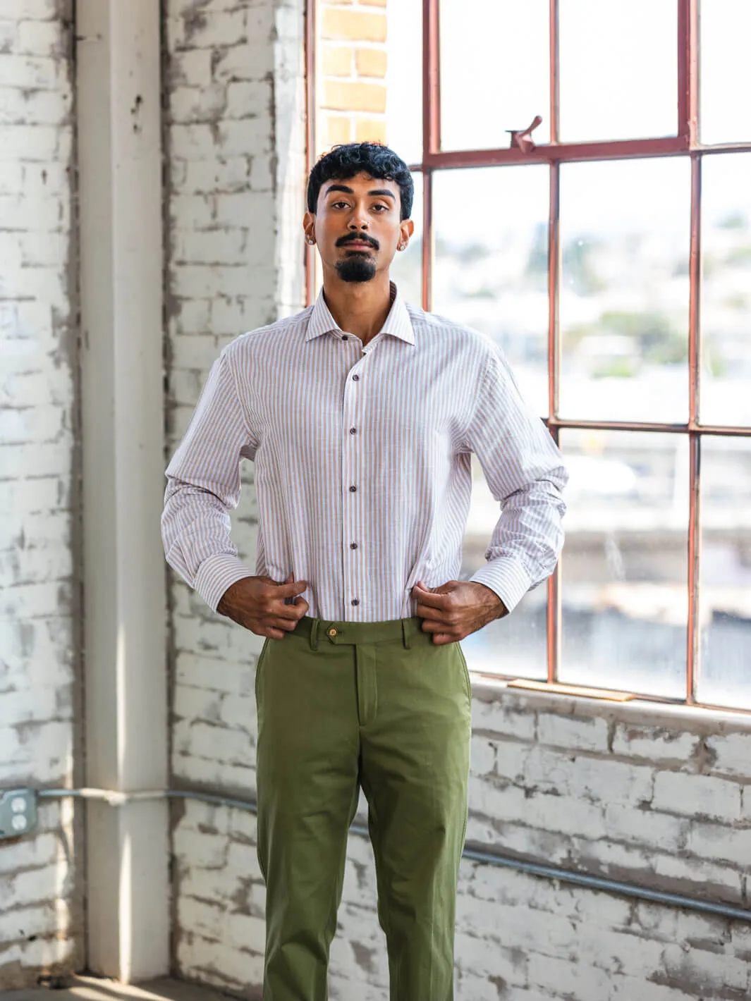 Striped Linen-Cotton Dress Shirt - Tan