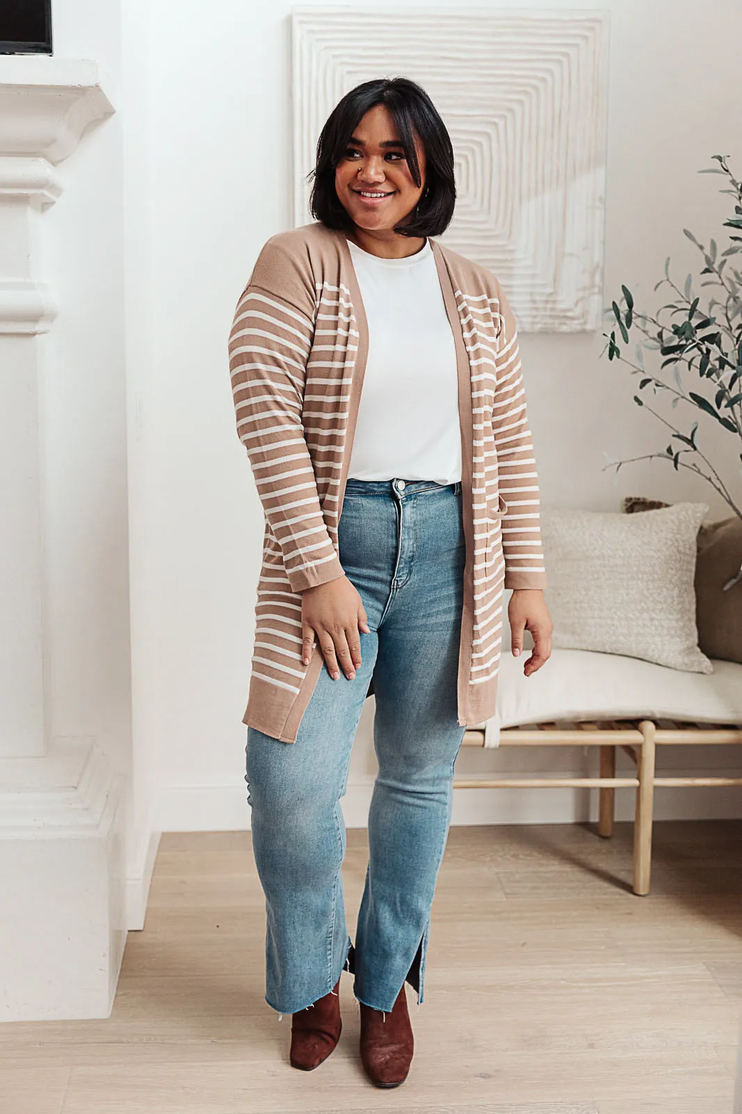 Swift Stripes Pocket Cardigan In Taupe