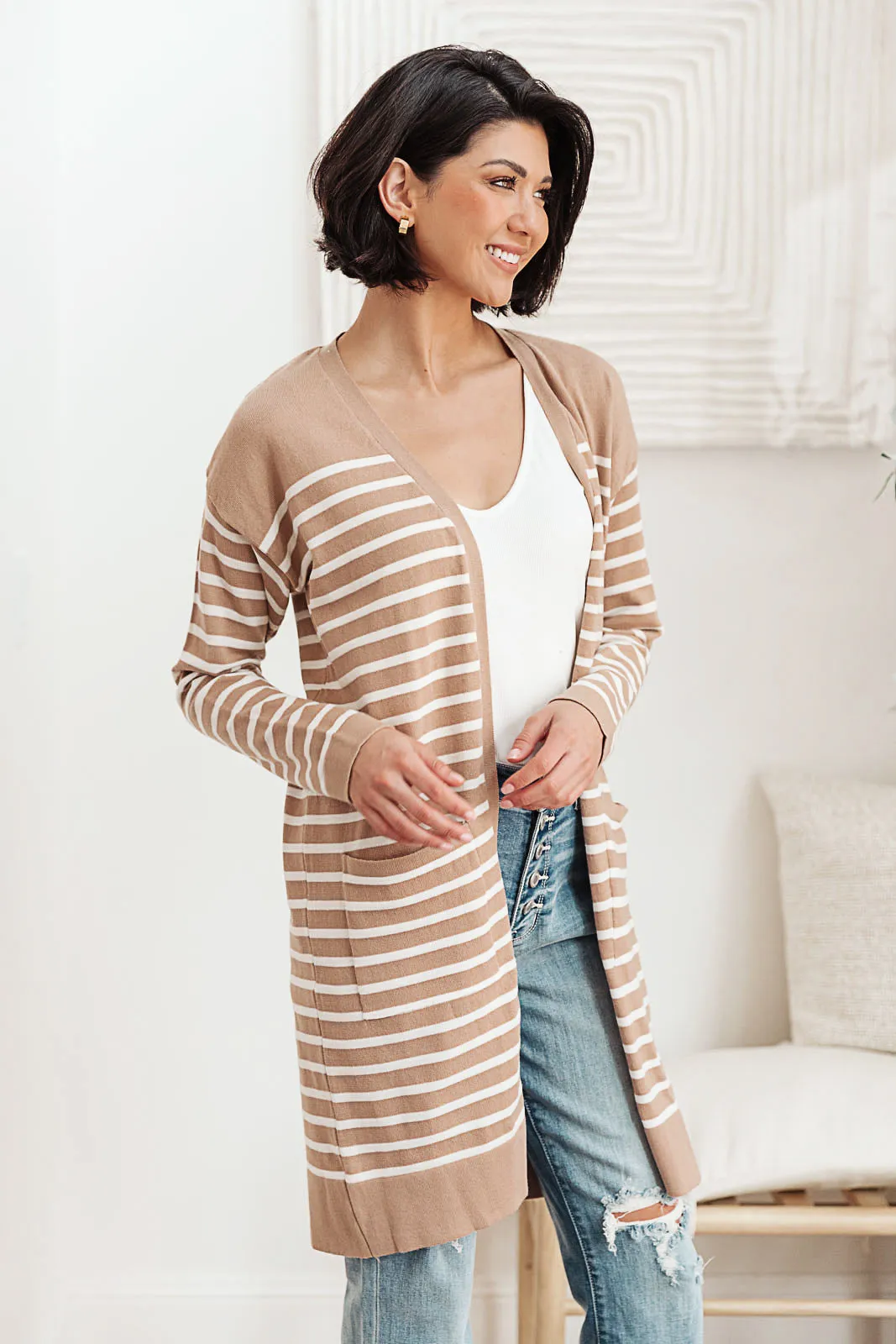 Swift Stripes Pocket Cardigan In Taupe