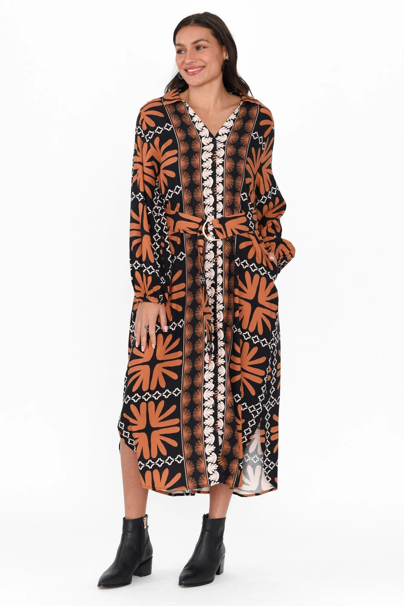 Sylvan Brown Geo Linen Blend Dress