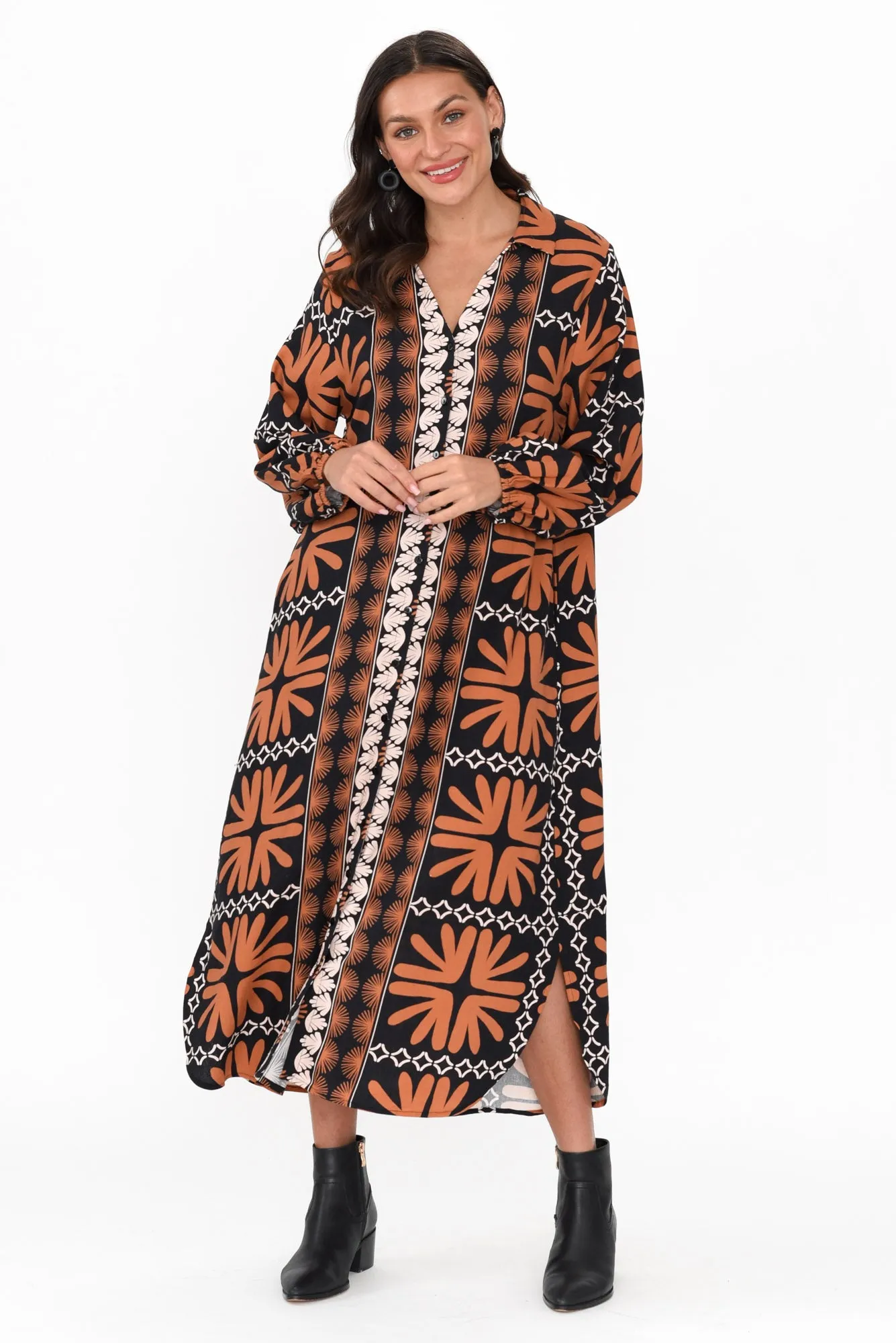 Sylvan Brown Geo Linen Blend Dress