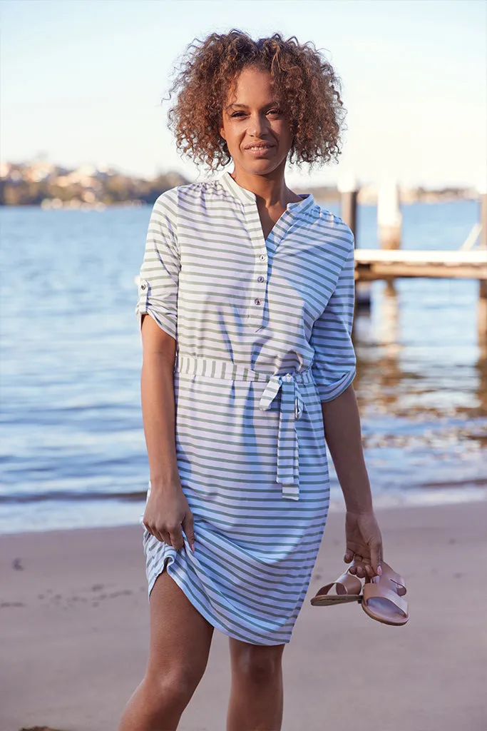 Tab Sleeve Dress- Seafoam Stripe