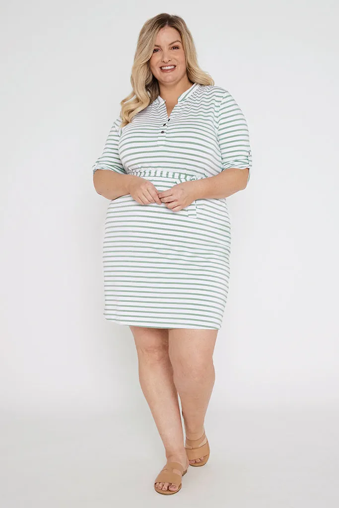 Tab Sleeve Dress- Seafoam Stripe