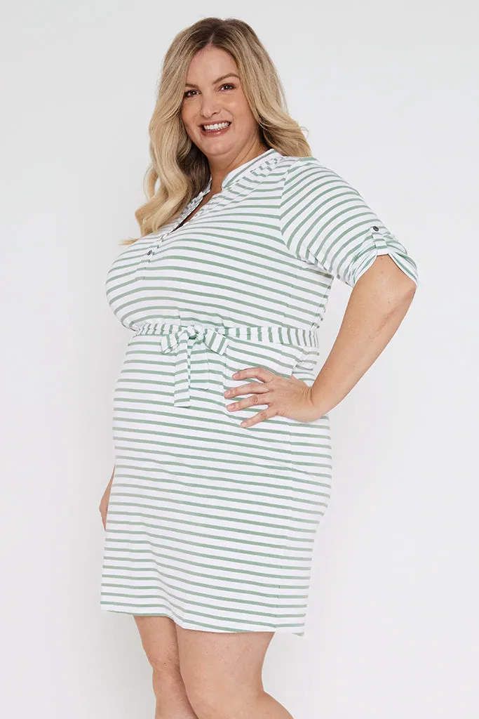 Tab Sleeve Dress- Seafoam Stripe