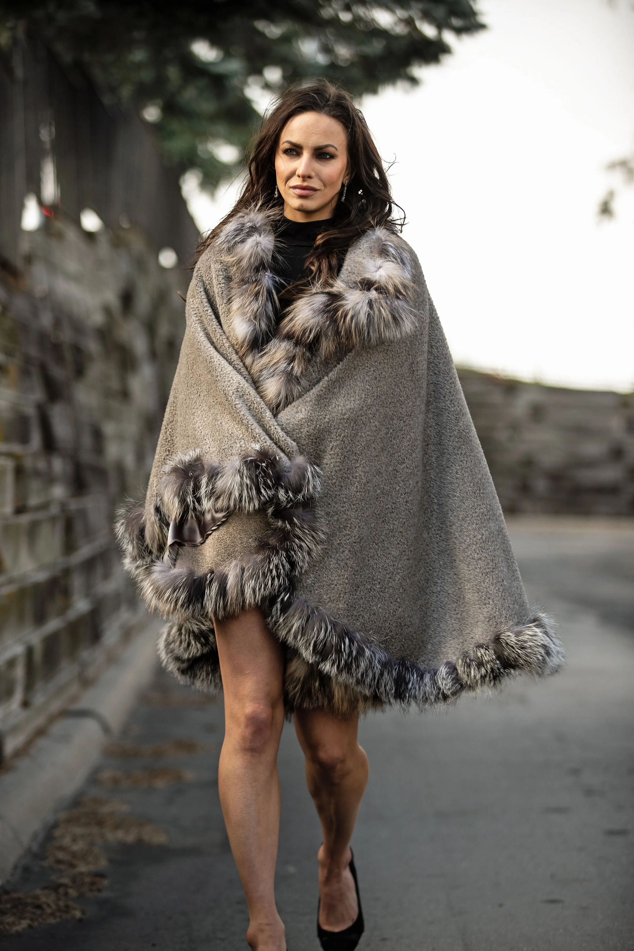 Taupe Alpaca with Cross Fox Trim Cape