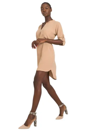 TEEK - Beige Belted Top Button Shirt Dress