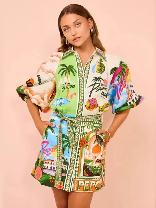 TEEK - Green Paradise Inn Belted Cardigan Shirt Dress