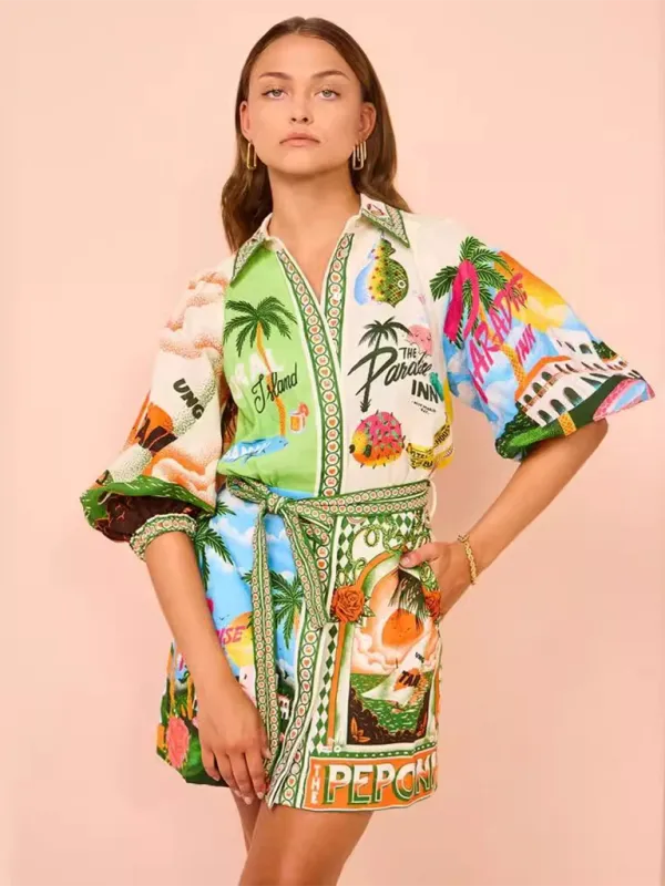 TEEK - Green Paradise Inn Belted Cardigan Shirt Dress