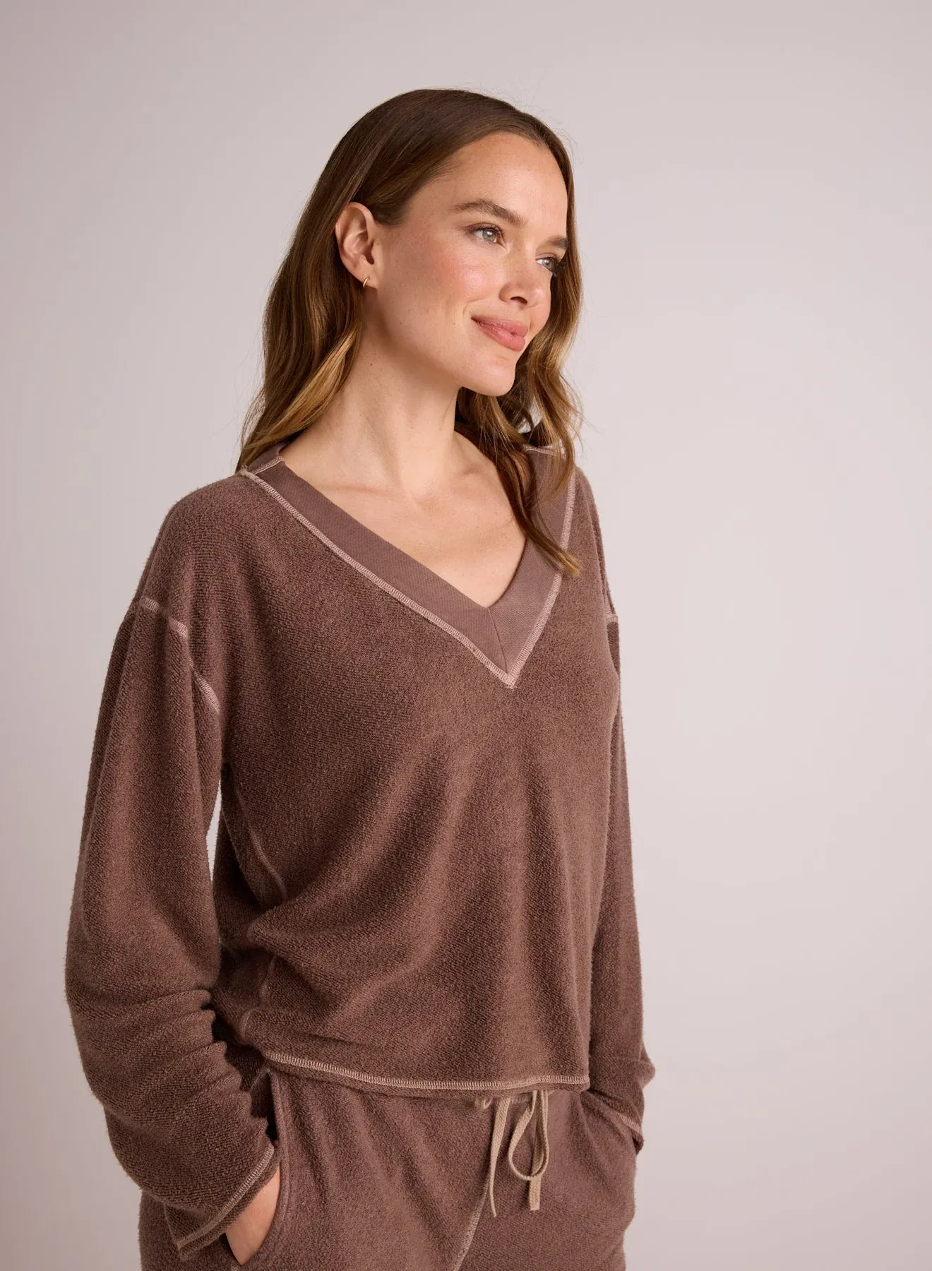 The French Terry Bell Sleeve V-Neck Pullover - Mocha Mist