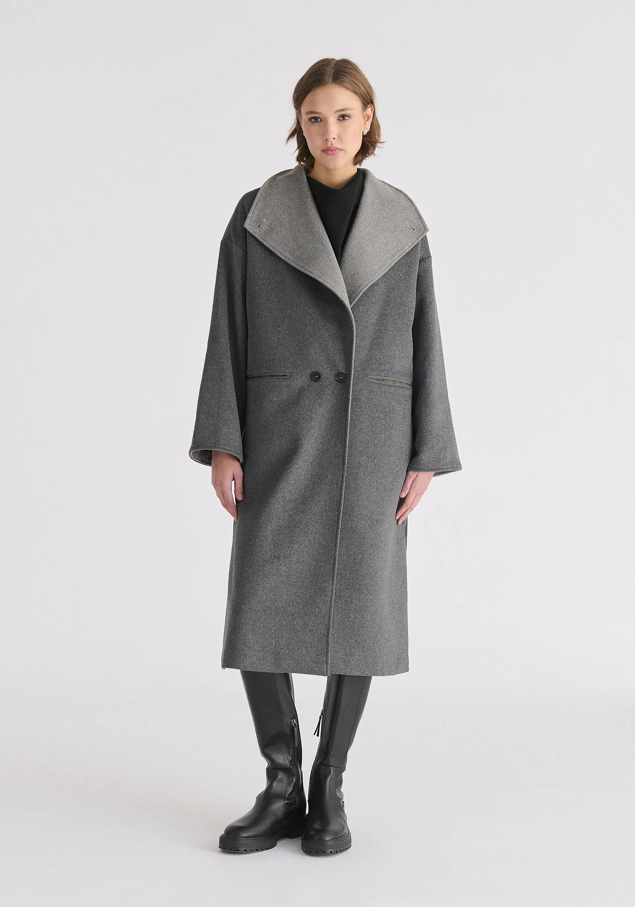 Two-Tone Double Breasted Wool Blend Coat