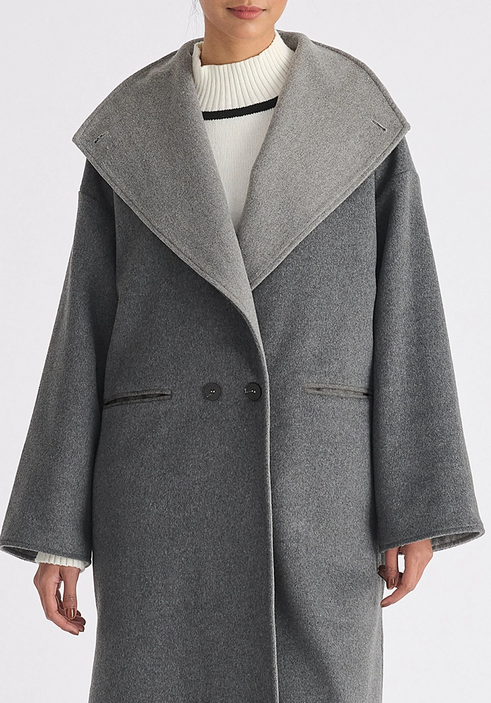 Two-Tone Double Breasted Wool Blend Coat