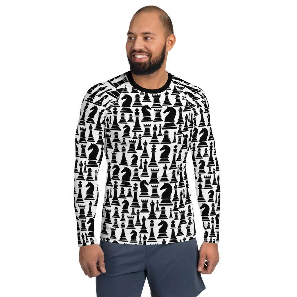 Uniquely You Mens Rash Guard Shirt - Pullover Black/White - Chess Graphic