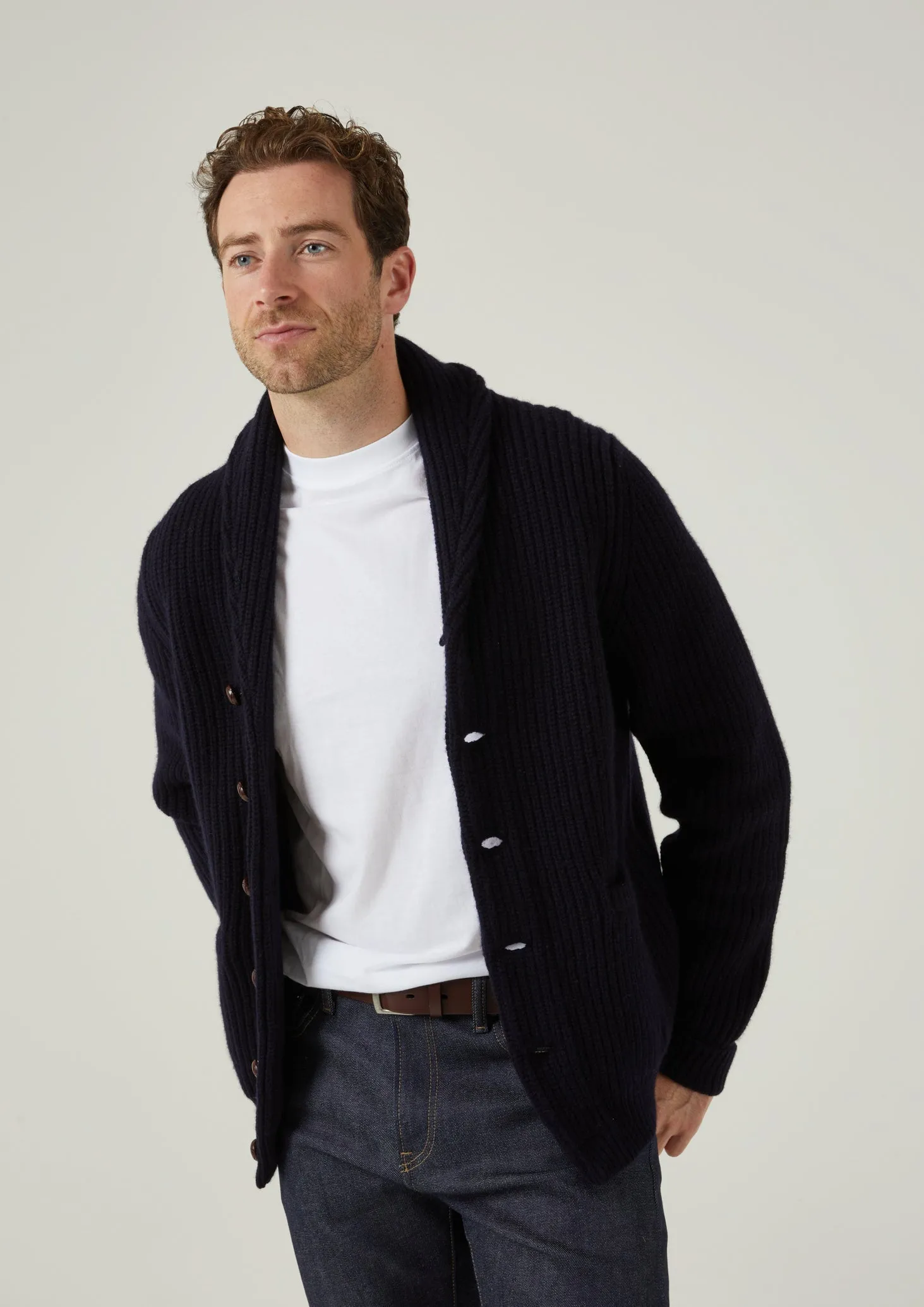 Usworth Men's Shawl Collar Lambswool Jumper In Navy - Regular Fit