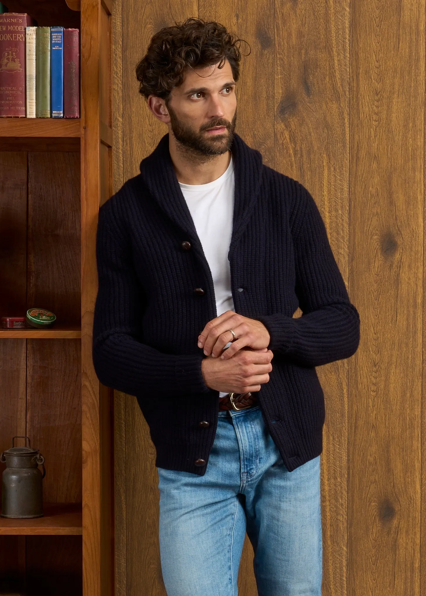 Usworth Men's Shawl Collar Lambswool Jumper In Navy - Regular Fit