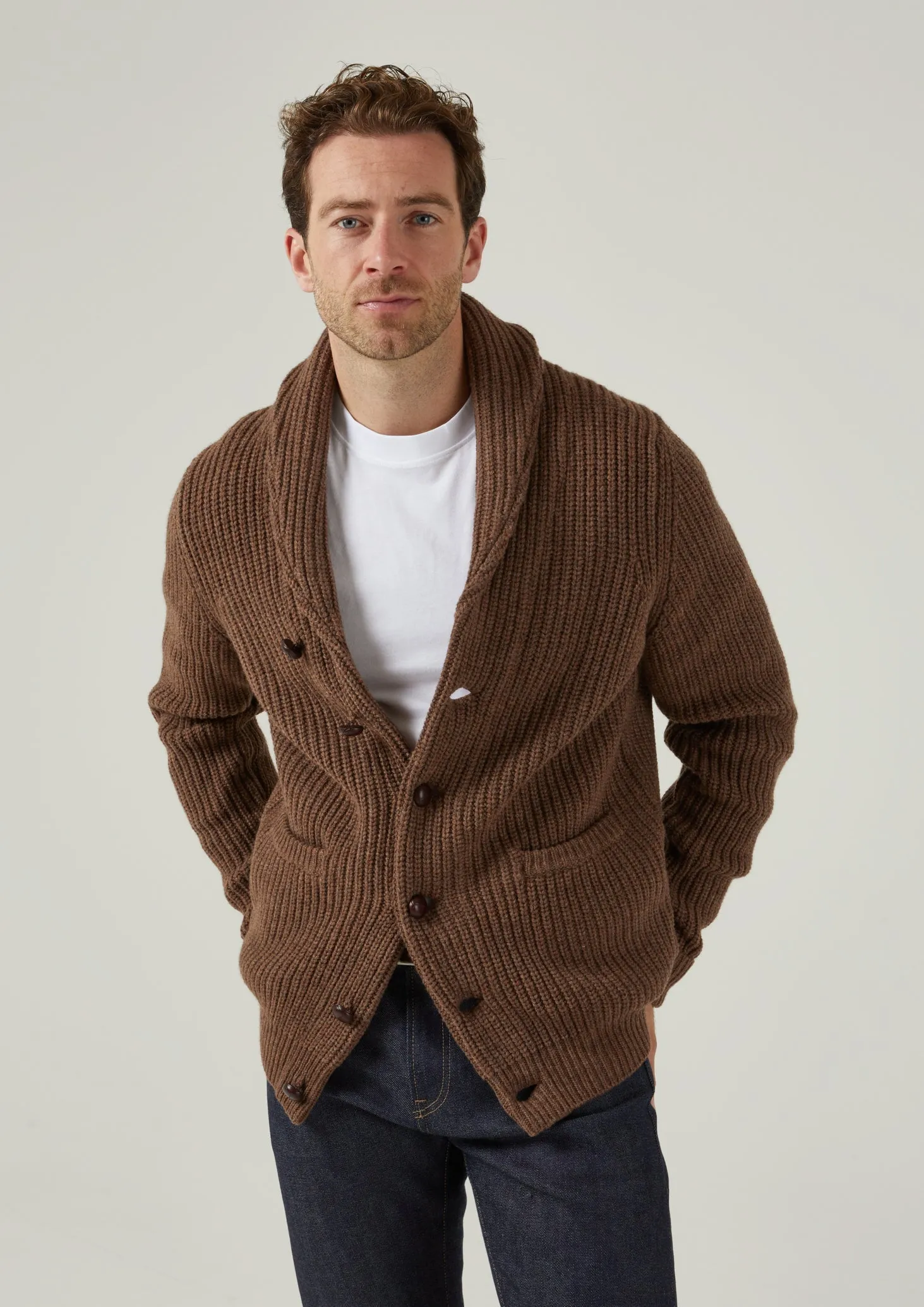 Usworth Men's Shawl Collar Lambswool Jumper In Tobacco - Regular Fit