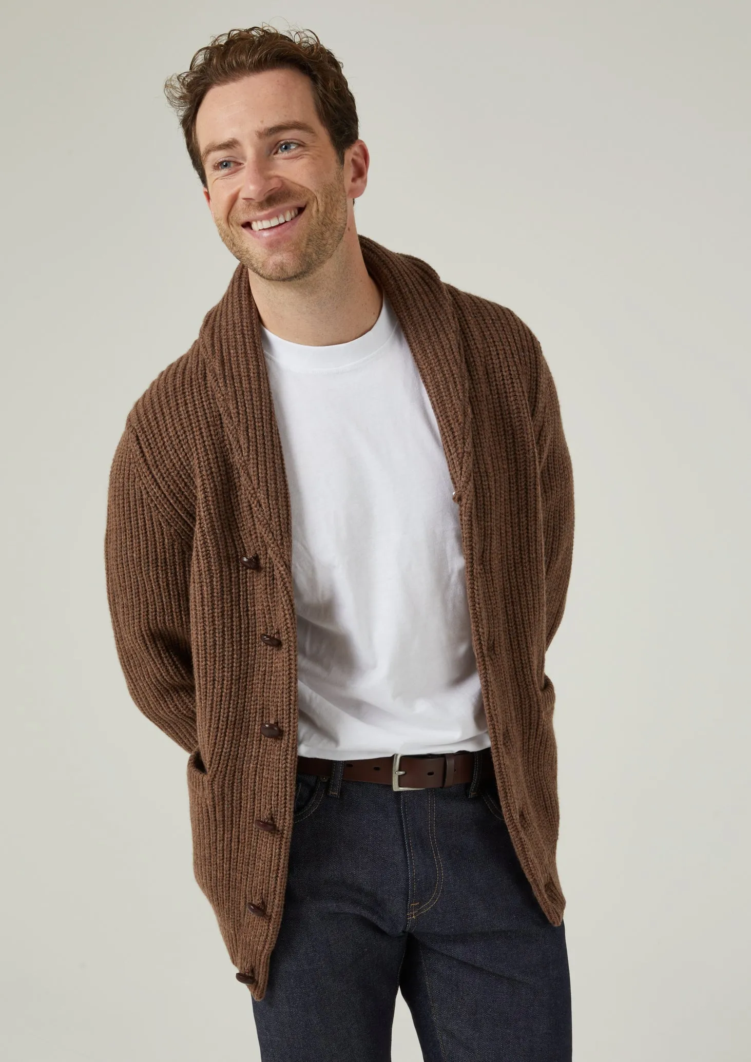 Usworth Men's Shawl Collar Lambswool Jumper In Tobacco - Regular Fit