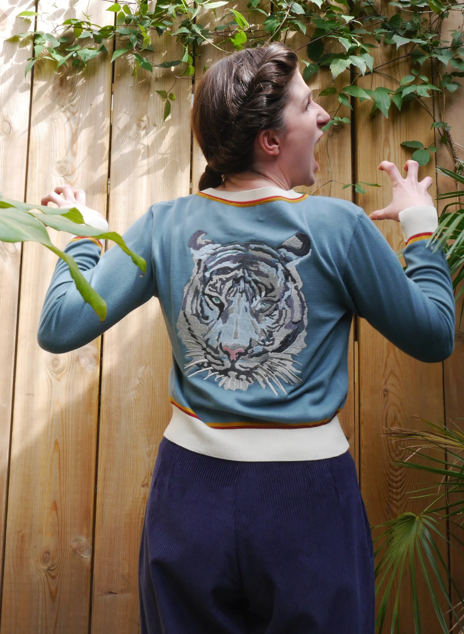 Vera Cardigan - Mineral Blue Arctic Embroidered Tiger