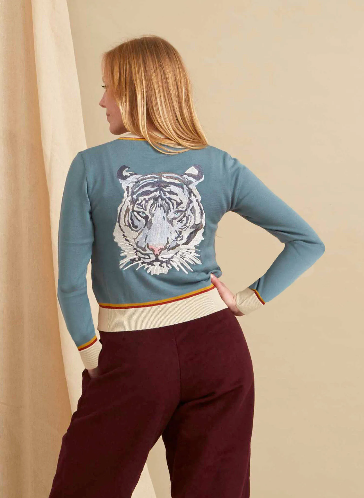 Vera Cardigan - Mineral Blue Arctic Embroidered Tiger