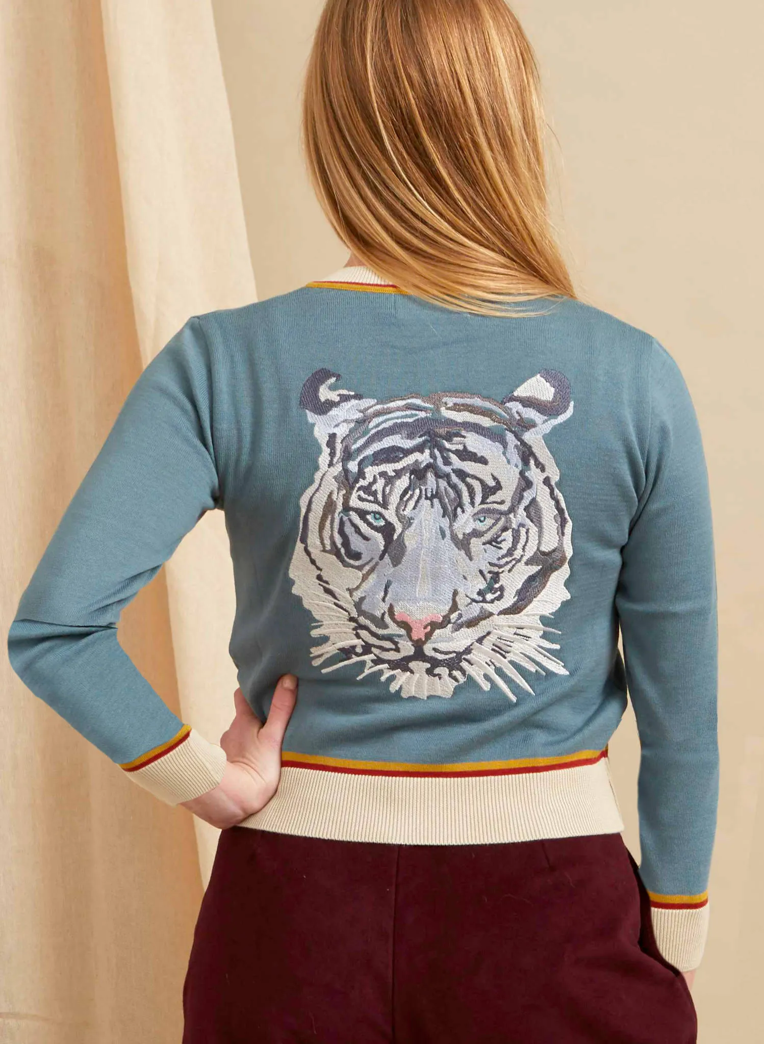 Vera Cardigan - Mineral Blue Arctic Embroidered Tiger