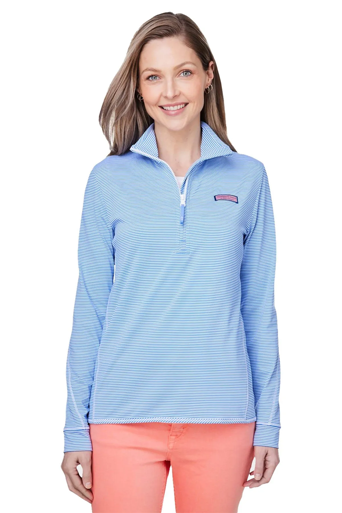 Vineyard Vines Custom Ladies Microstripe Sankaty Half-Zips, Breaker Blue