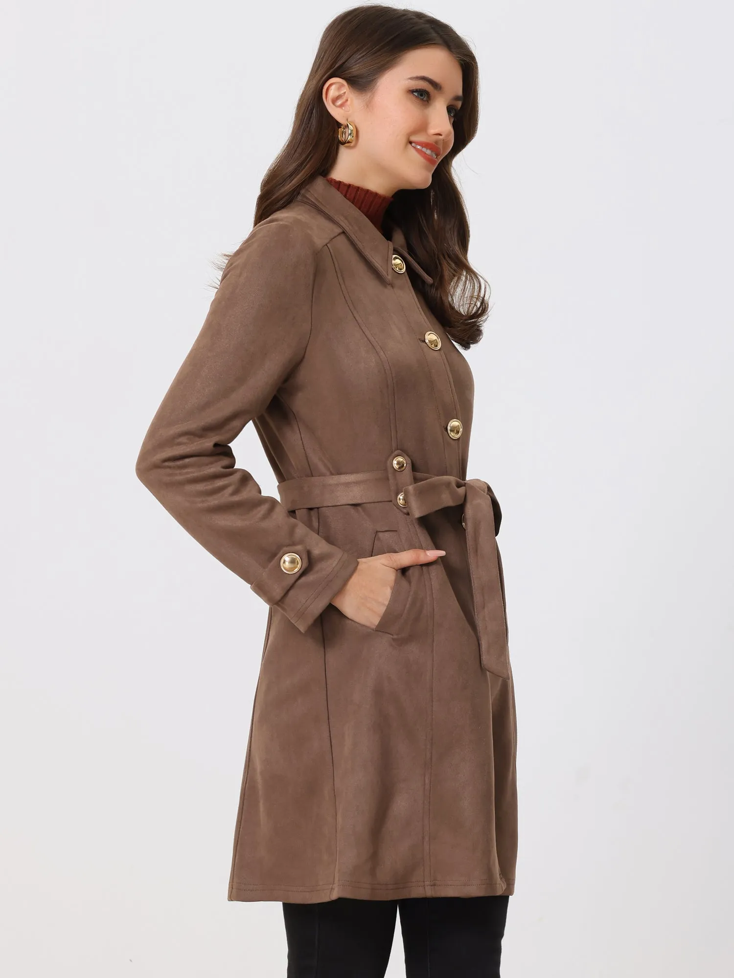 Vintage Faux Suede Mid-Thigh Belted Single Breasted Trench Coat