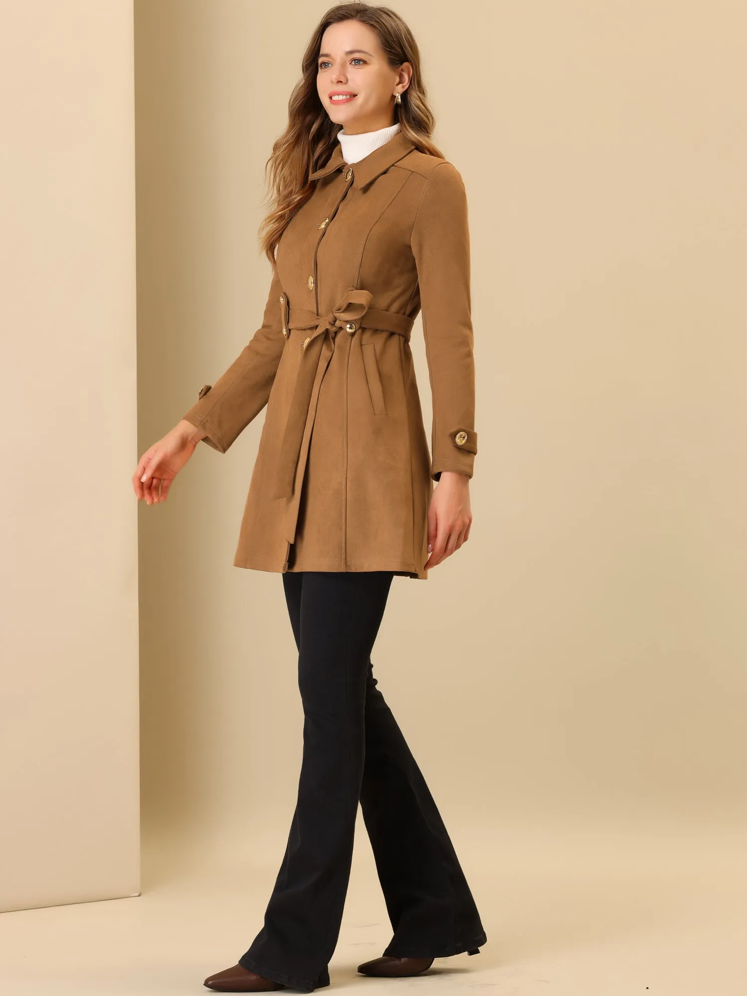 Vintage Faux Suede Mid-Thigh Belted Single Breasted Trench Coat