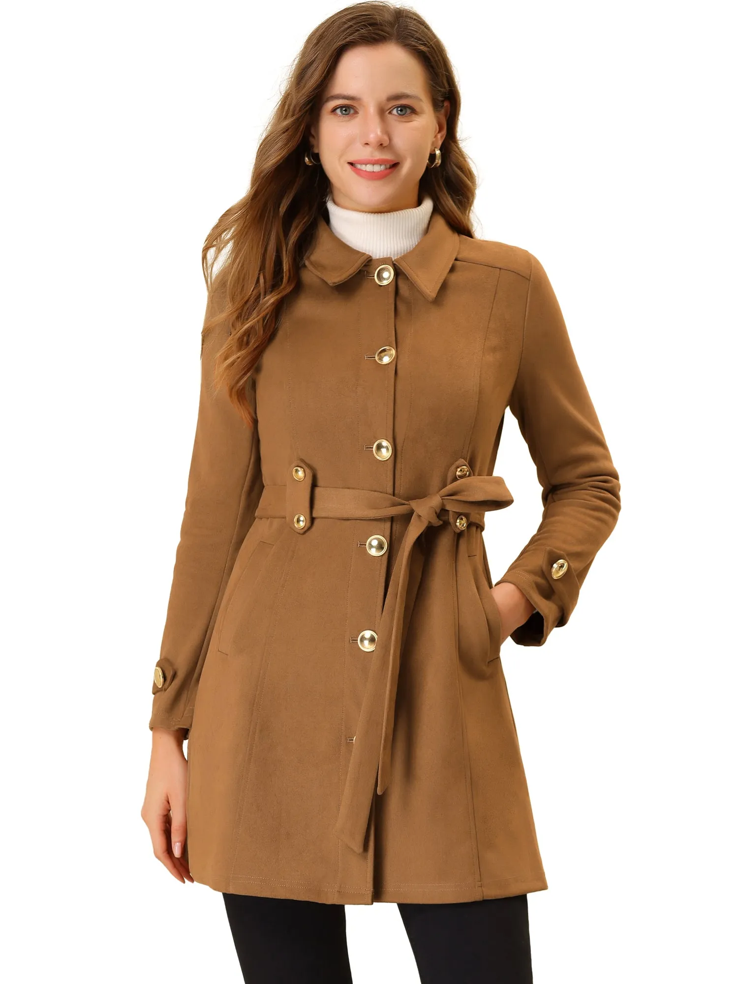 Vintage Faux Suede Mid-Thigh Belted Single Breasted Trench Coat