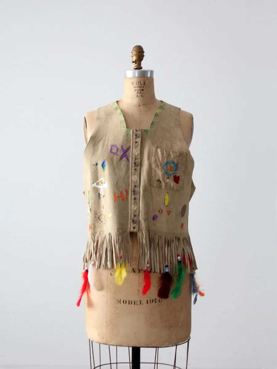 vintage painted leather vest with feathers