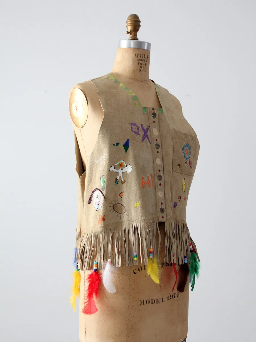 vintage painted leather vest with feathers