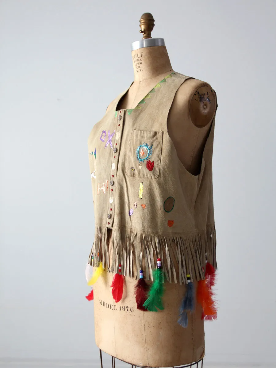 vintage painted leather vest with feathers