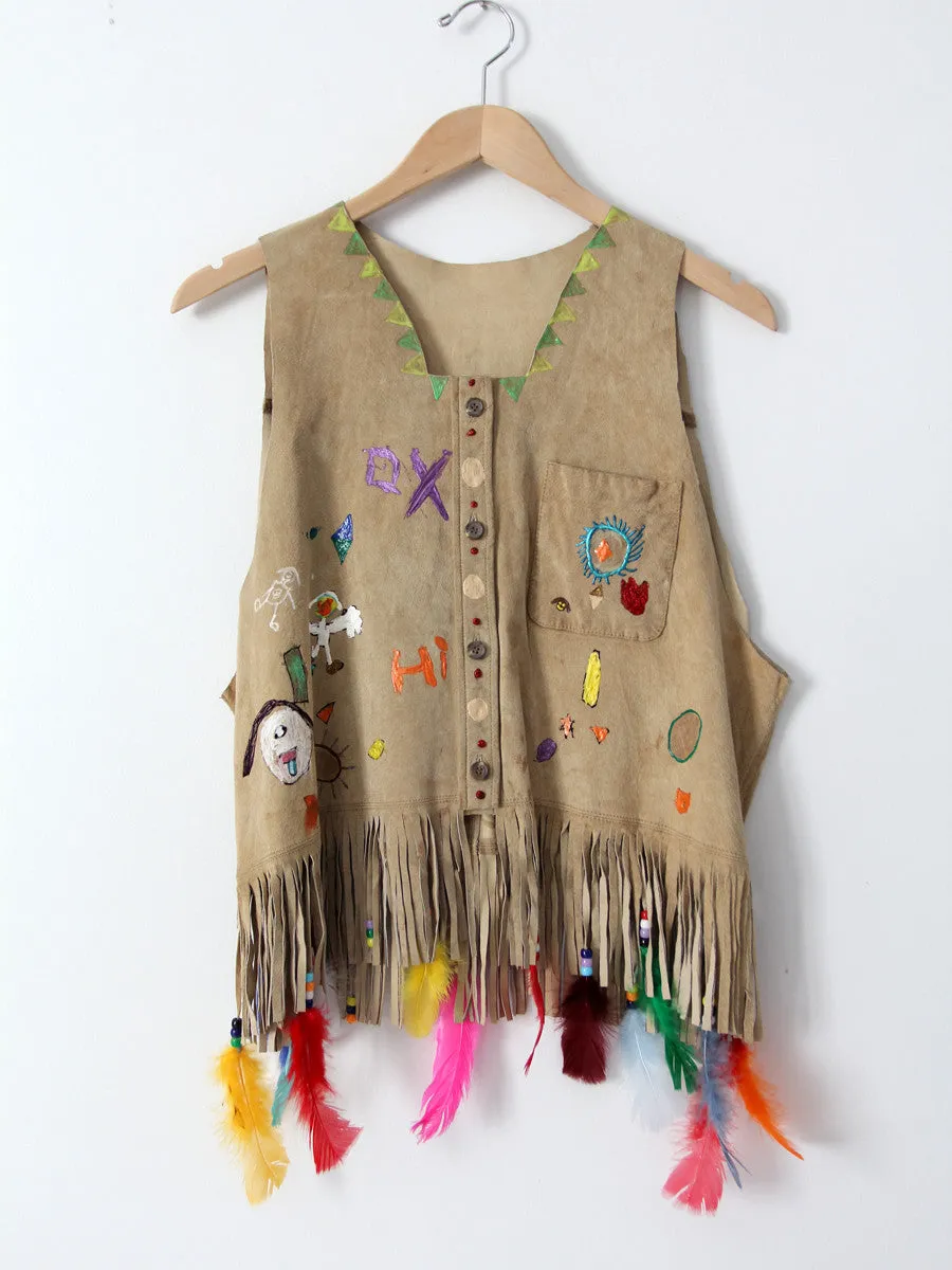 vintage painted leather vest with feathers