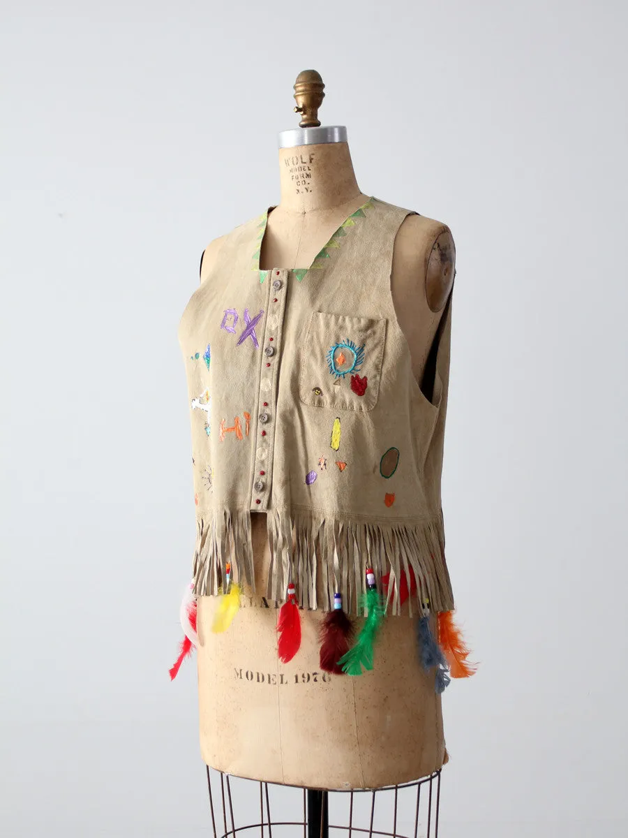 vintage painted leather vest with feathers