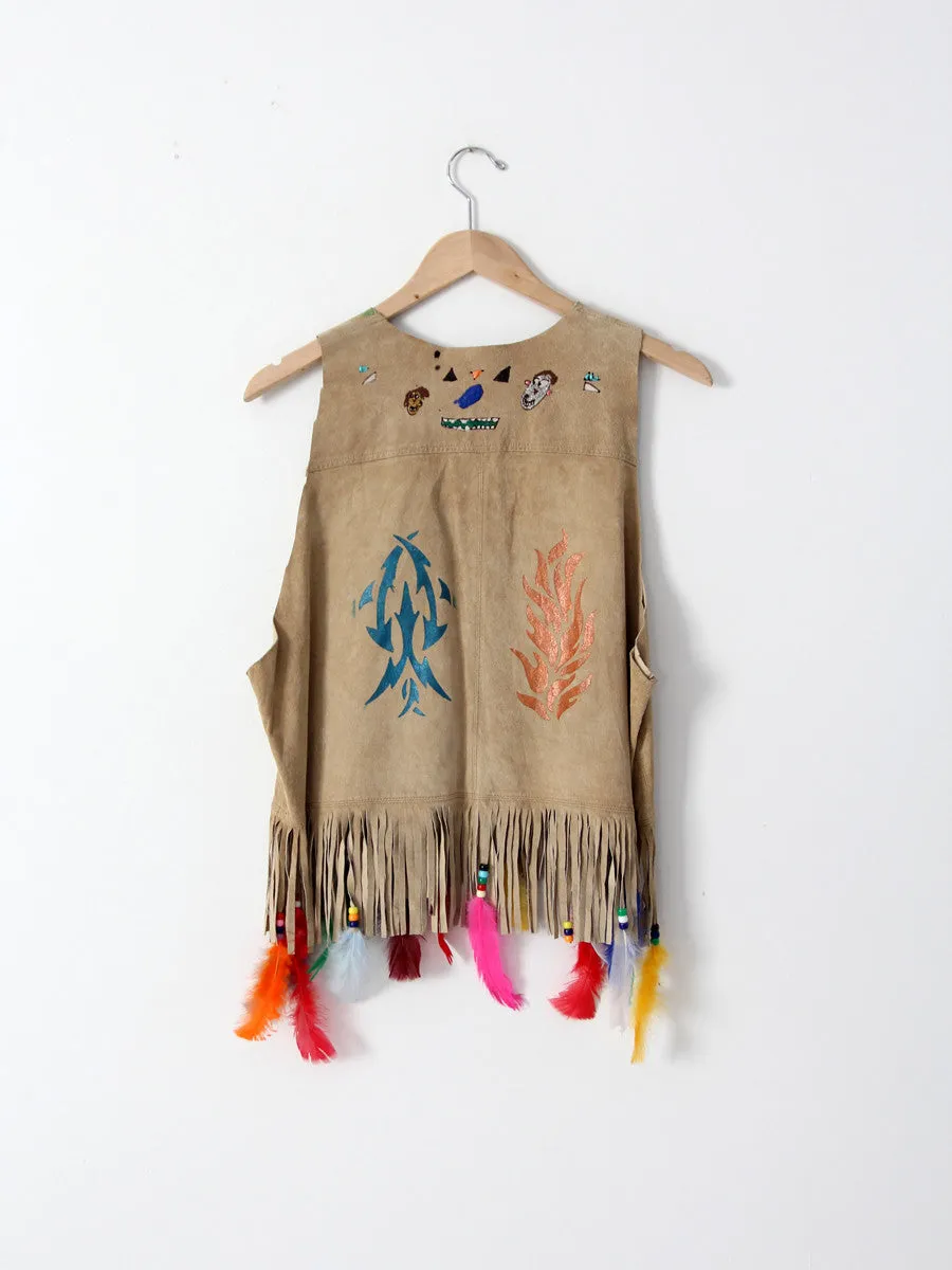 vintage painted leather vest with feathers