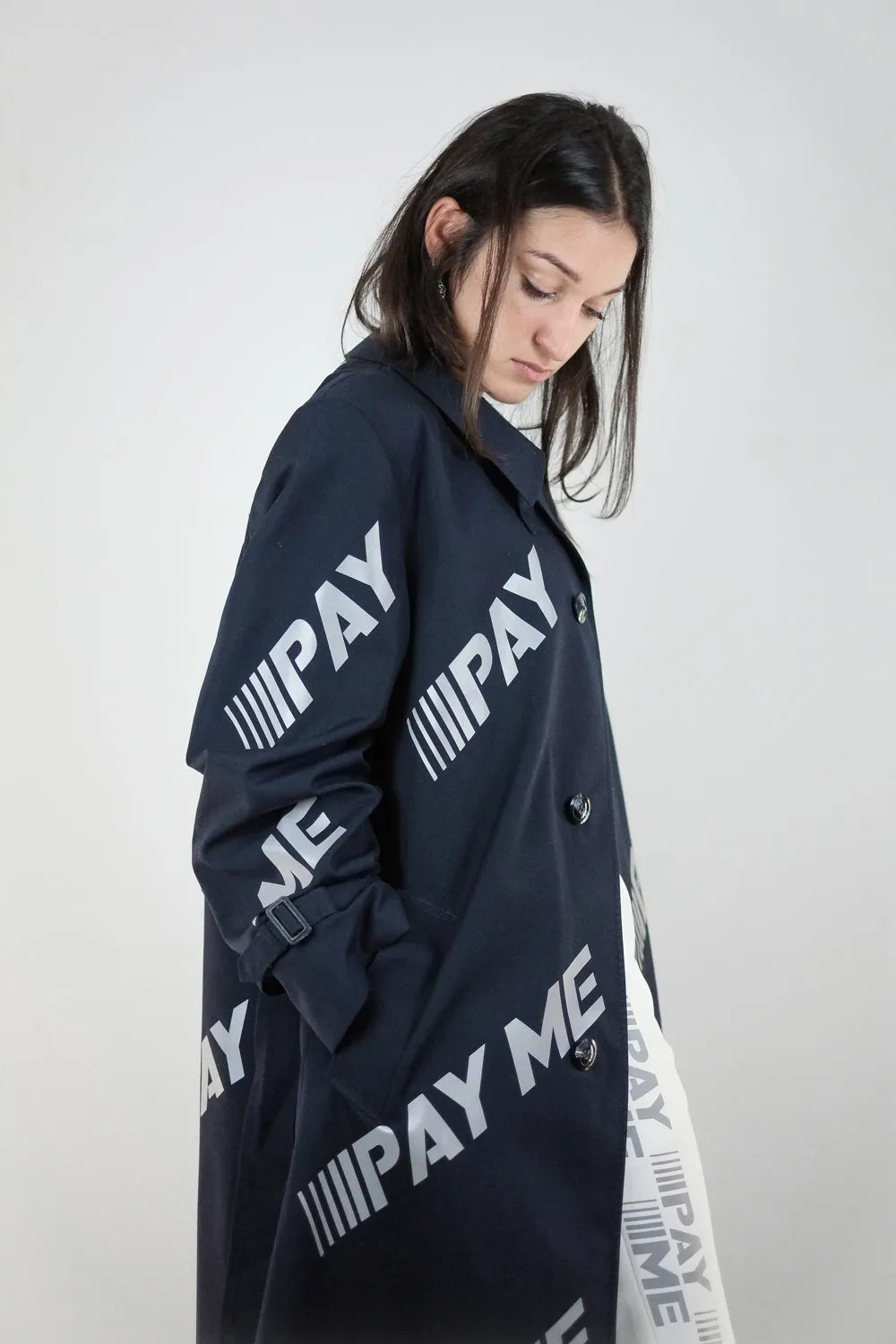 Vintage Reworked Reflective Navy Pay Me Trench Coat