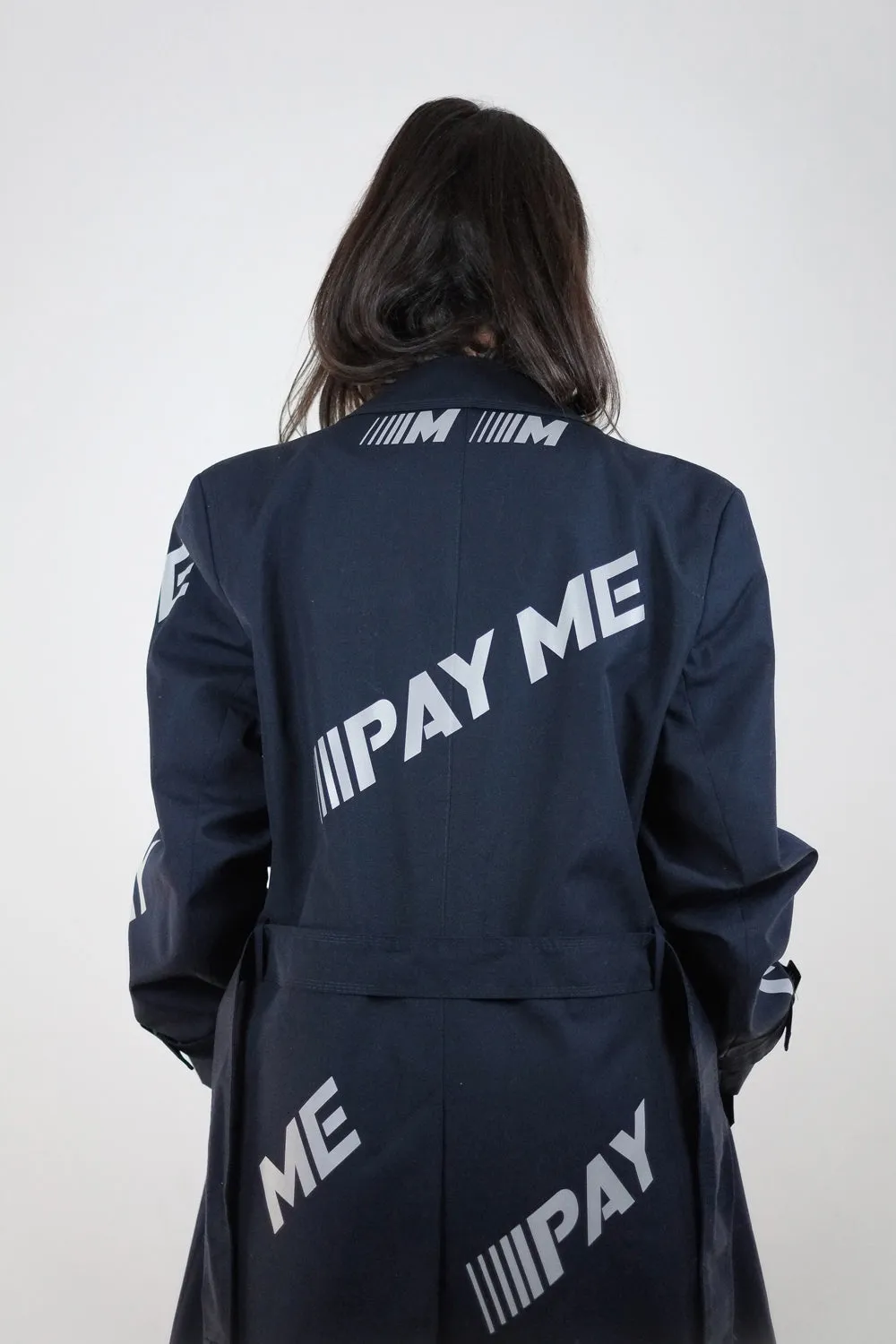 Vintage Reworked Reflective Navy Pay Me Trench Coat