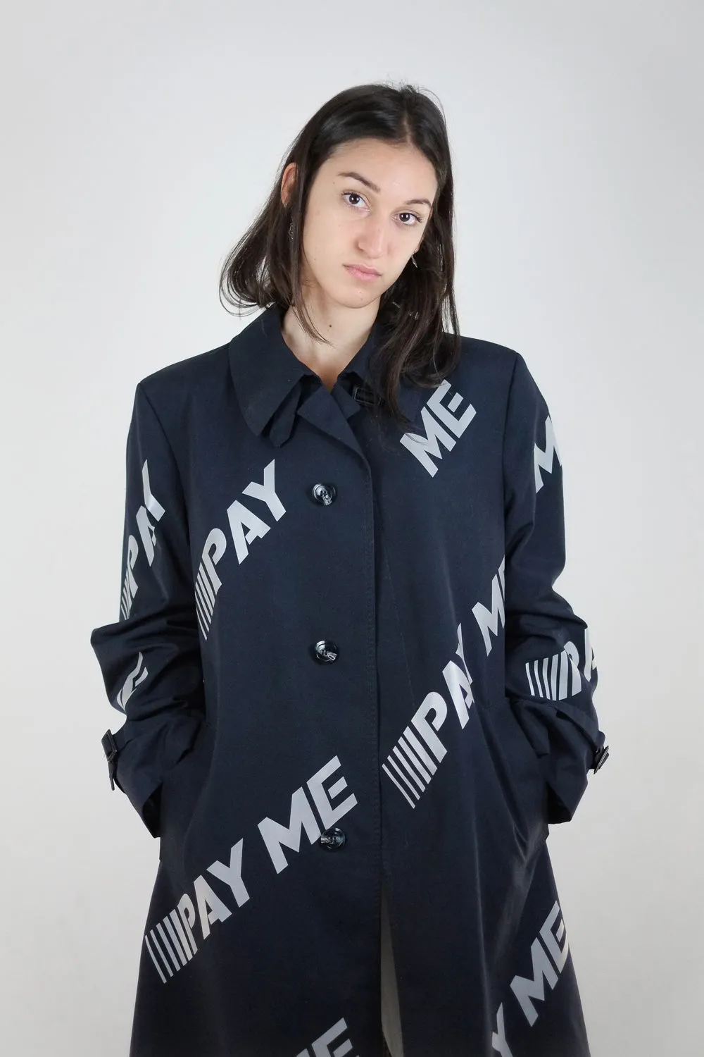 Vintage Reworked Reflective Navy Pay Me Trench Coat