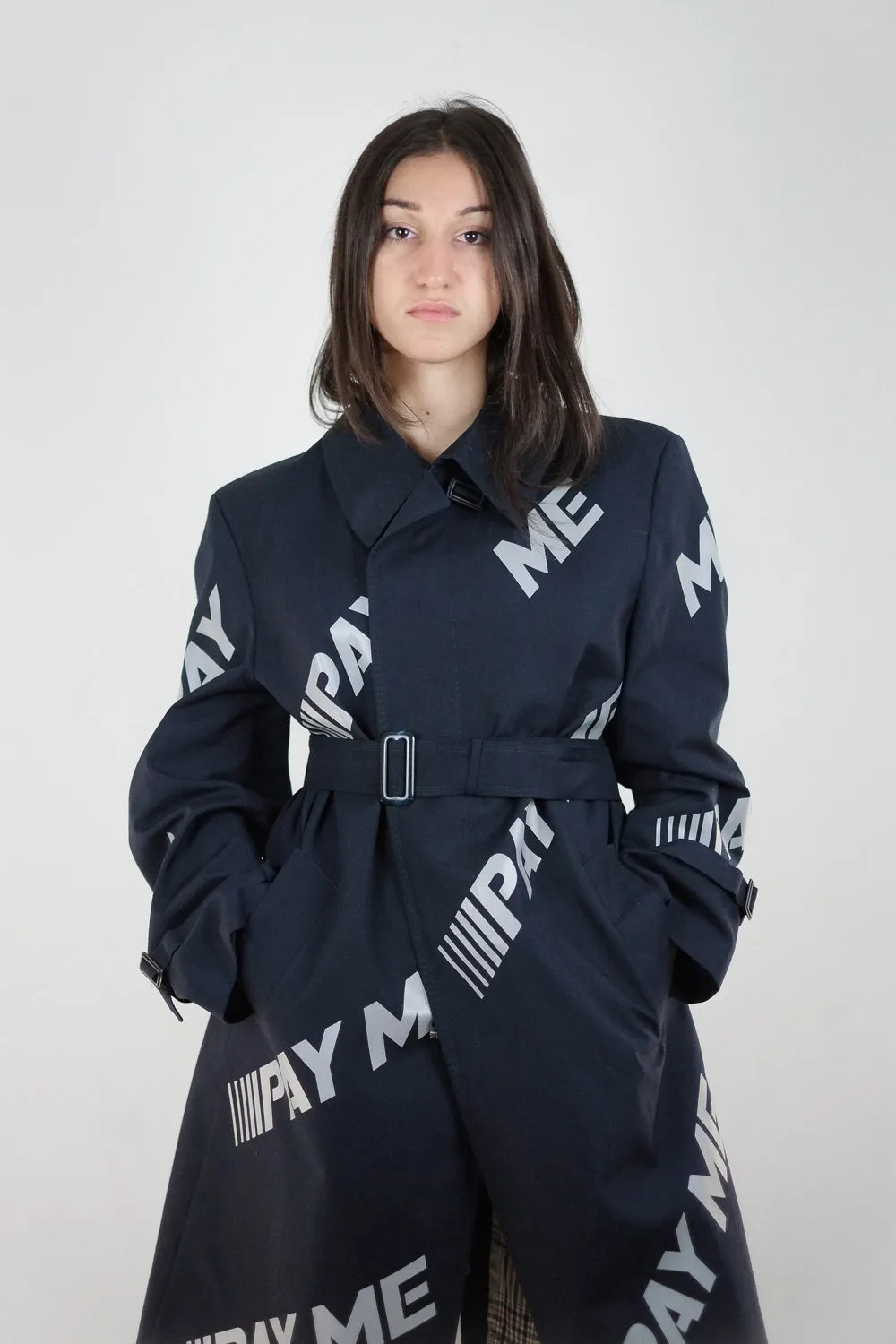 Vintage Reworked Reflective Navy Pay Me Trench Coat