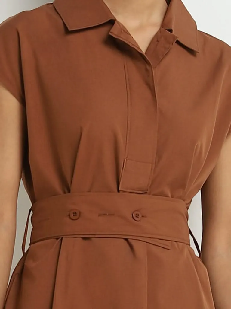 Wardrobe Tan Solid Shirt Dress with Belt