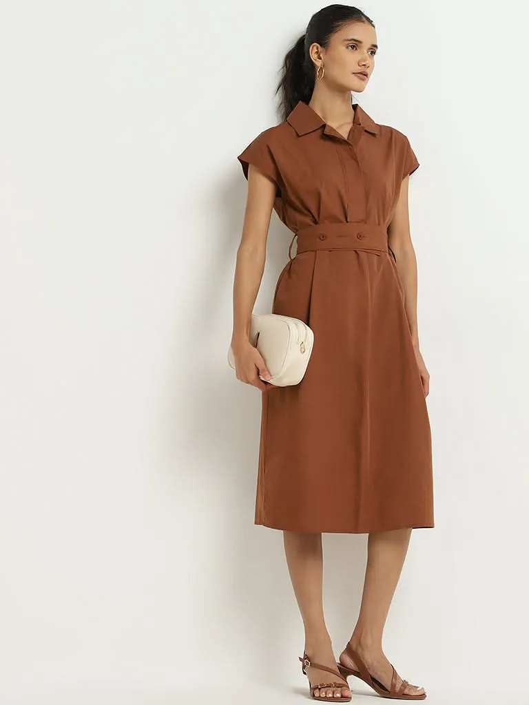 Wardrobe Tan Solid Shirt Dress with Belt