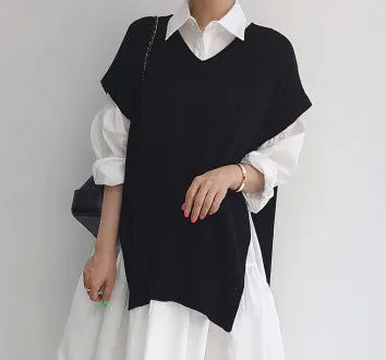 Wenkouban 2000s fashion Spring 2024 Korean Style Drop-Shoulder Lantern Sleeve Stitching Large Skirt Shirt Dress   Knitted Vest