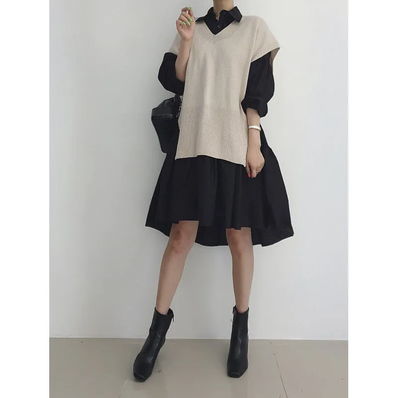 Wenkouban 2000s fashion Spring 2024 Korean Style Drop-Shoulder Lantern Sleeve Stitching Large Skirt Shirt Dress   Knitted Vest