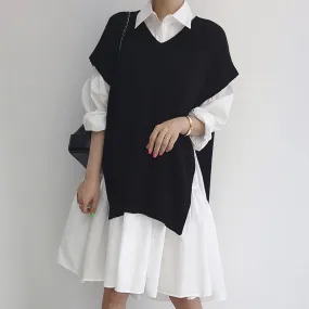 Wenkouban 2000s fashion Spring 2024 Korean Style Drop-Shoulder Lantern Sleeve Stitching Large Skirt Shirt Dress   Knitted Vest